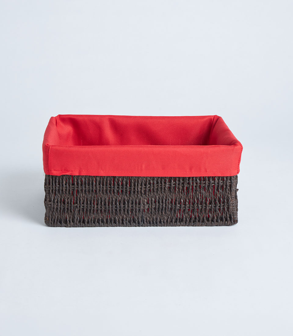 Front view of dark wicker basket with red fabric liner BK-462