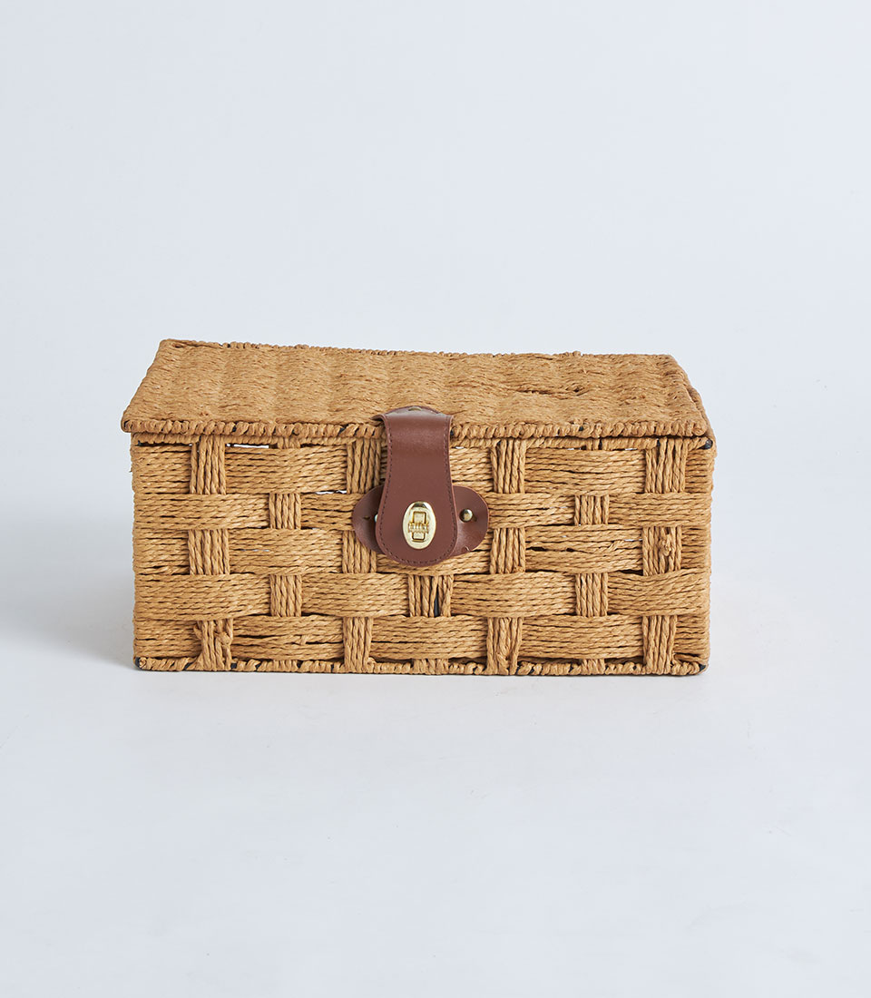 Front view of natural wicker box with leather strap BK-458
