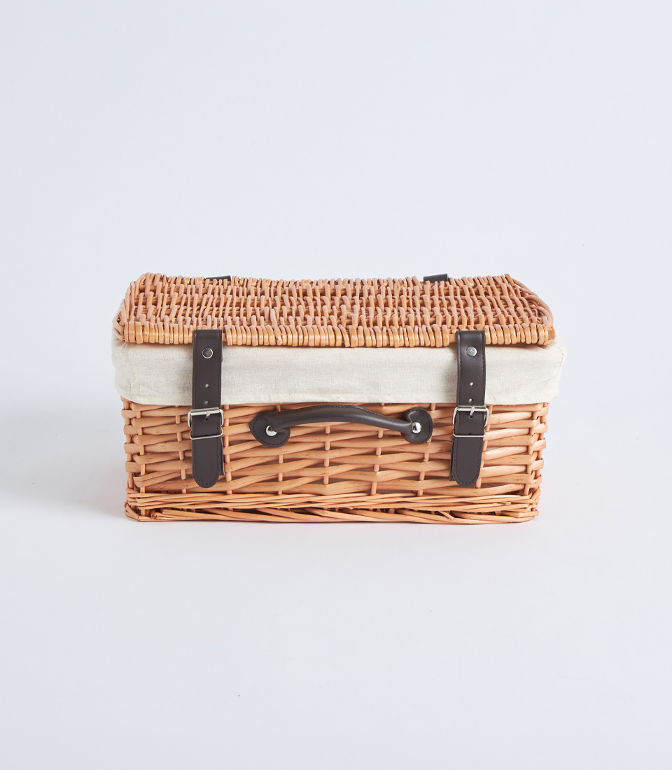 Front view rectangular wicker suitcase gift basket with lid BK-418