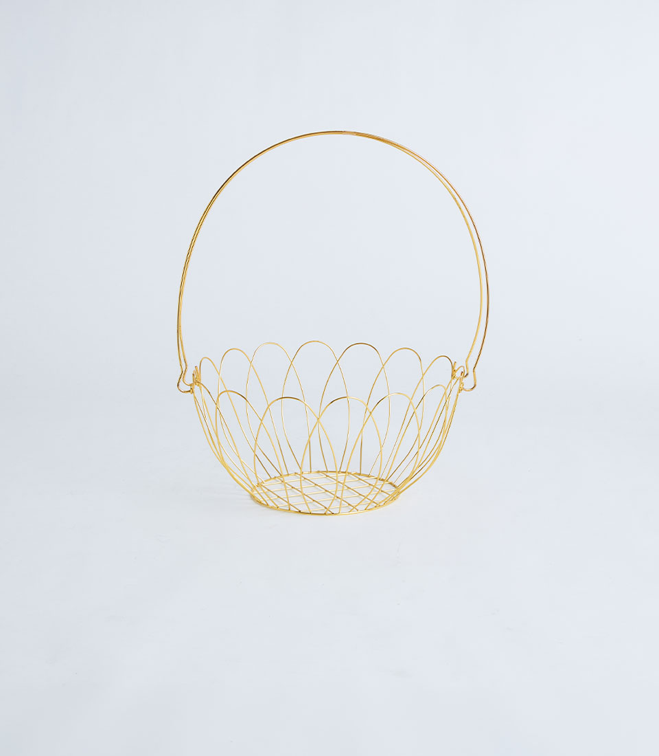 Front view round gold wire floral gift basket petal shape BK-402