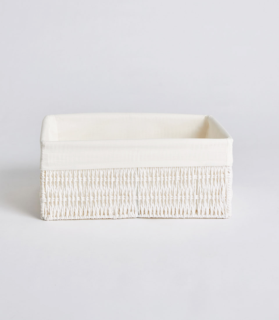 Front view of white wicker basket with cream fabric liner BK-464