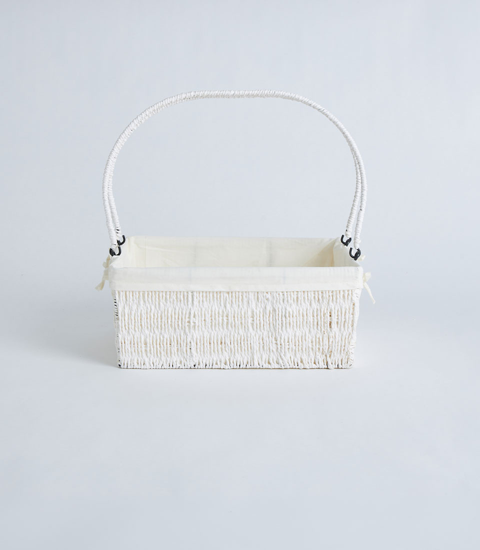 Front view of white wicker basket with handle and fabric liner BK-466