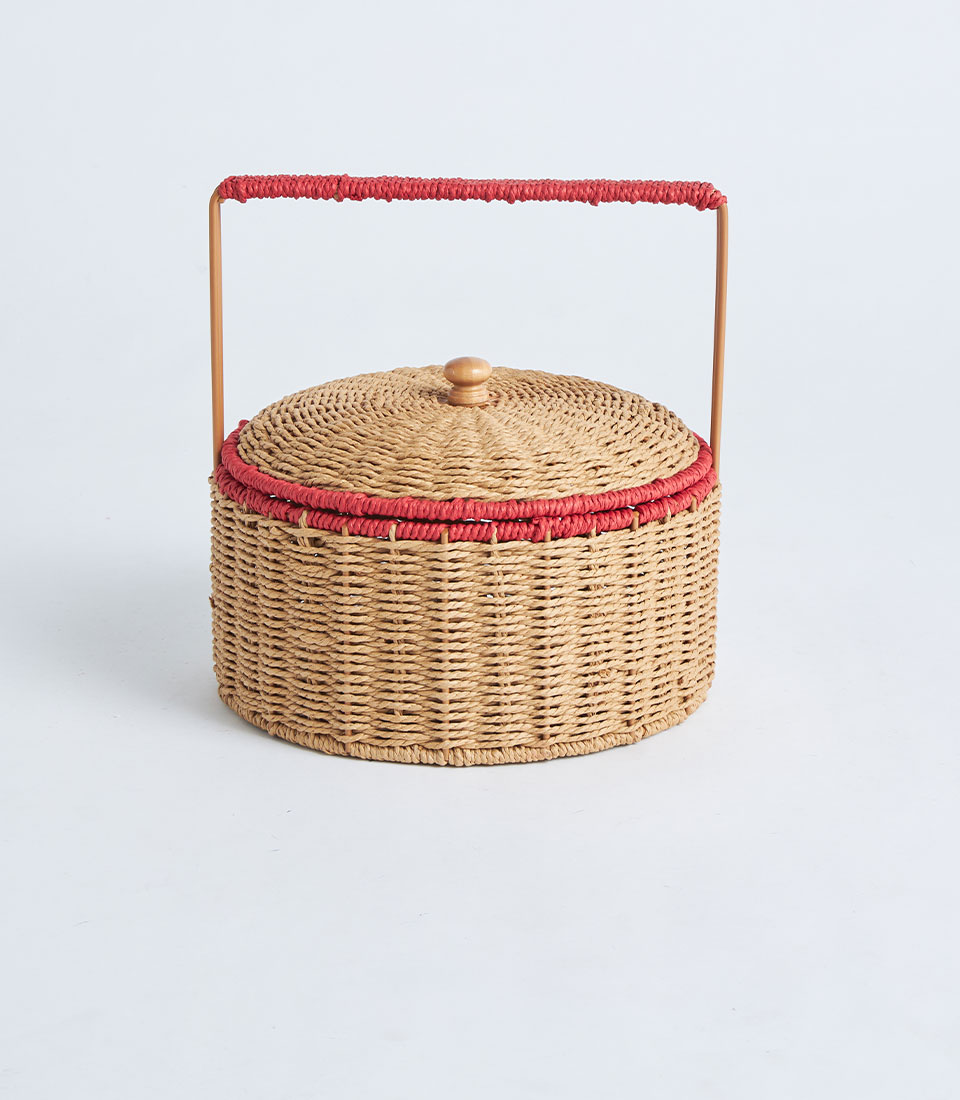 Round natural wicker basket with red trim handle and lid BK-512