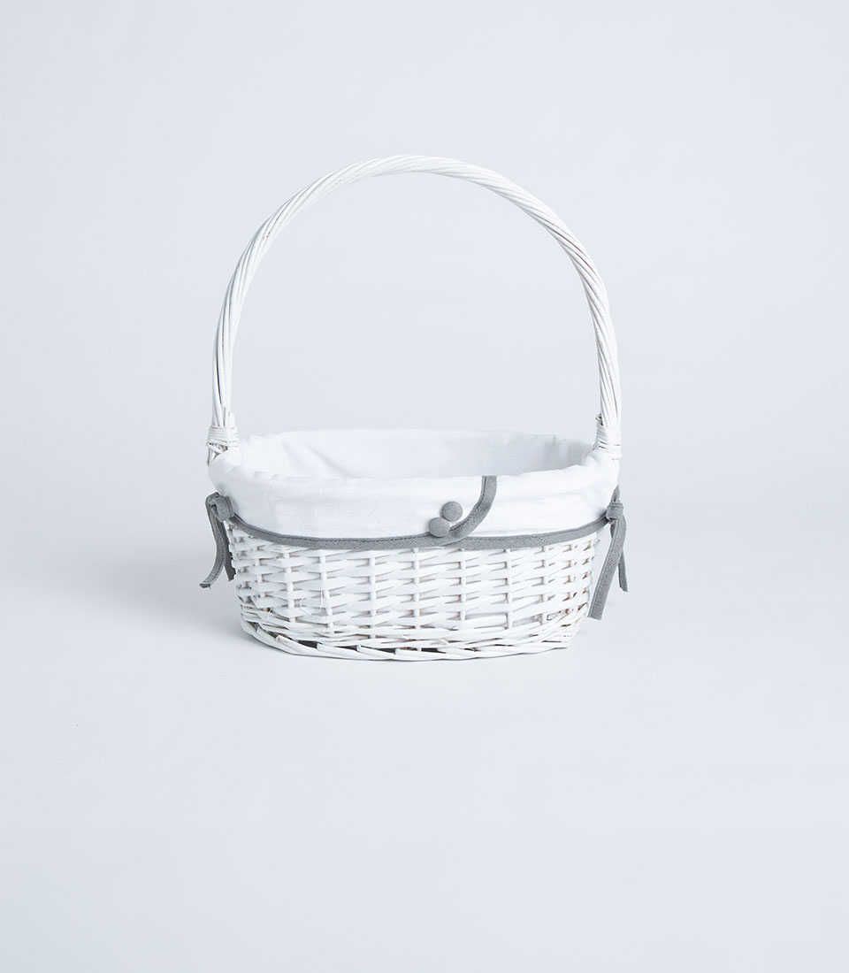 Round white wicker basket with white lining and grey ribbon BK-531