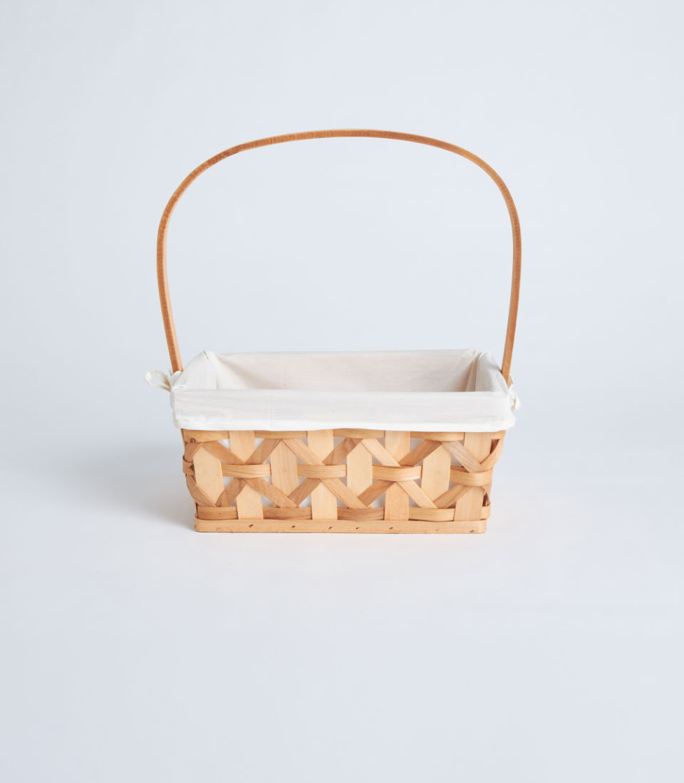 Front view of natural woven basket with handle and fabric liner BK-469
