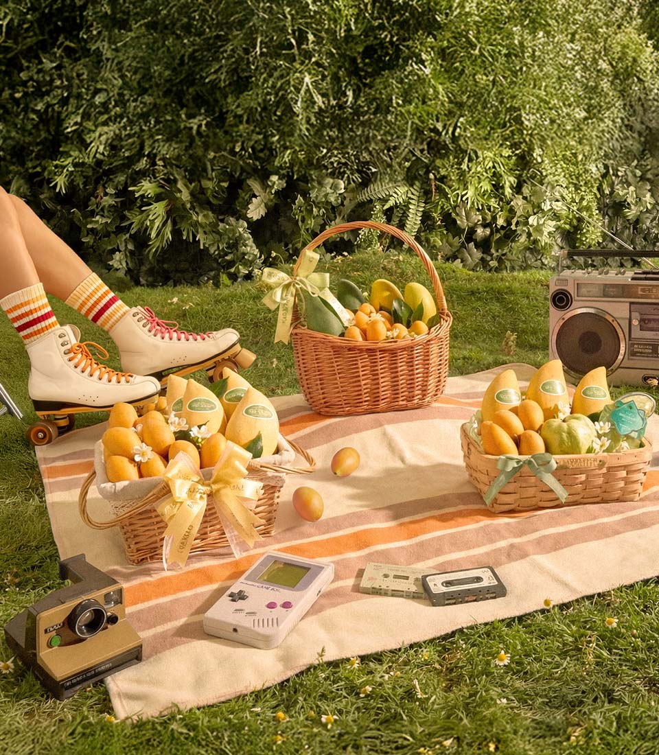 Premium summer fruit gift baskets with mango and mayongchid on picnic blanket with vintage camera and cassette, summer theme Thailand