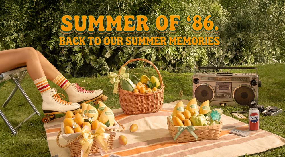 premium fruit baskets with mango and mayongchid on picnic blanket with vintage radio in garden summer thailand