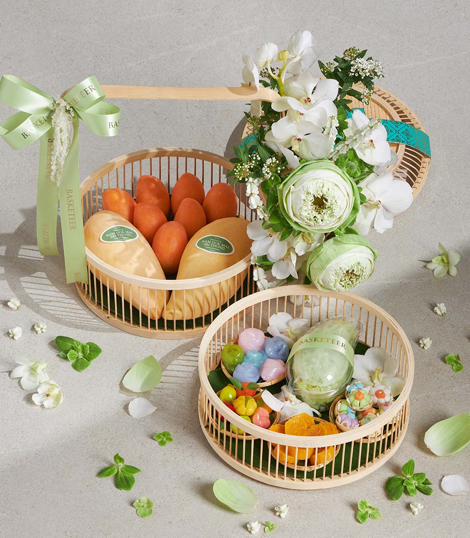 songkran gift basket fruit and floral arrangement