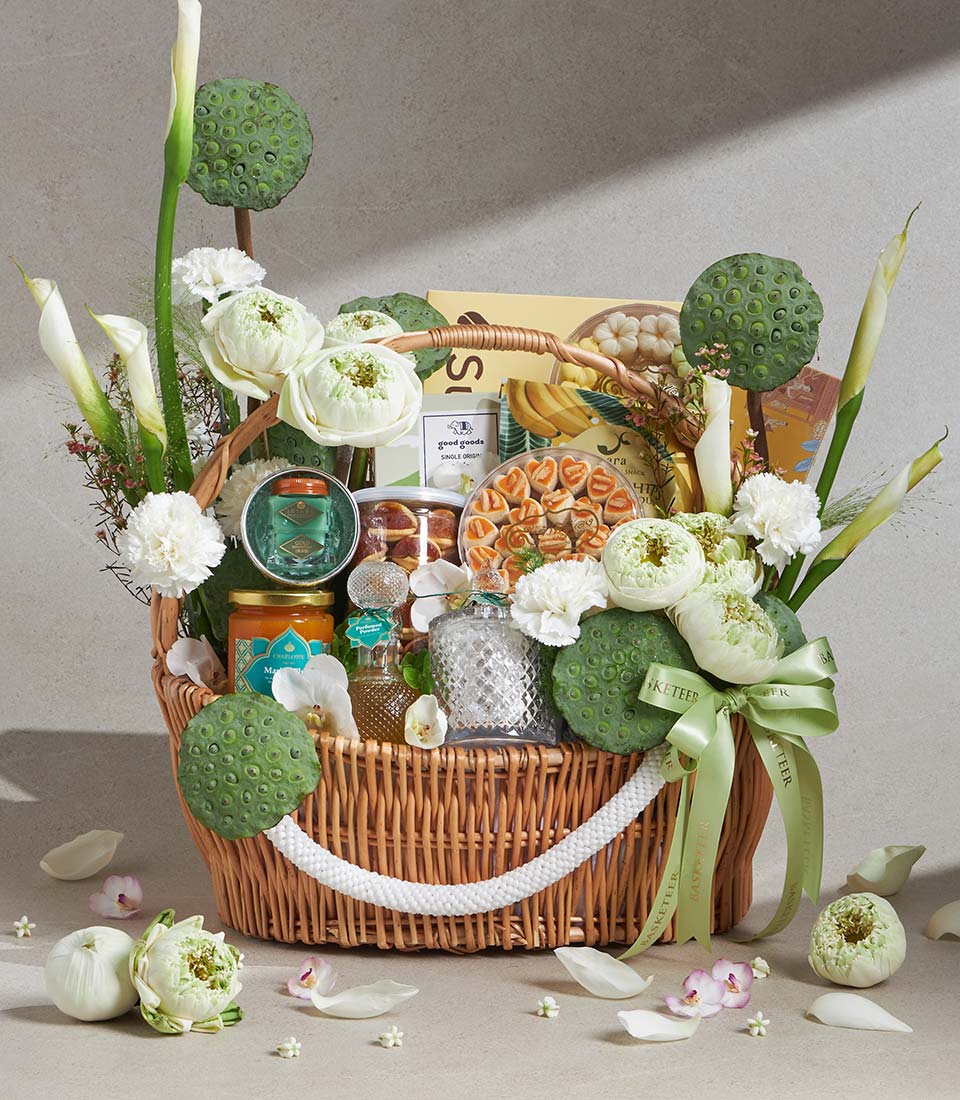 songkran gift basket green floral ceremonial arrangement
