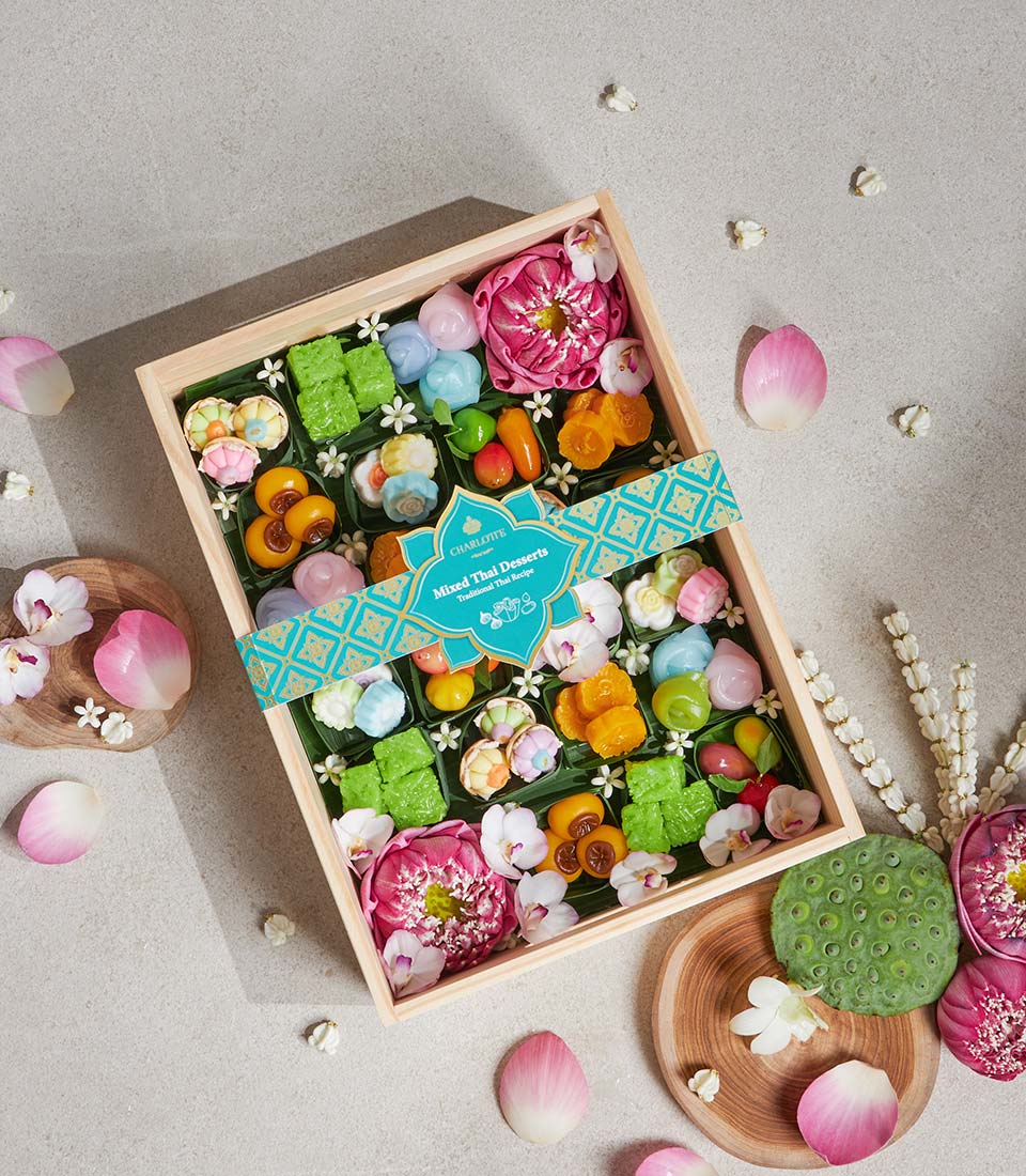 songkran gift box thai sweets wooden arrangement
