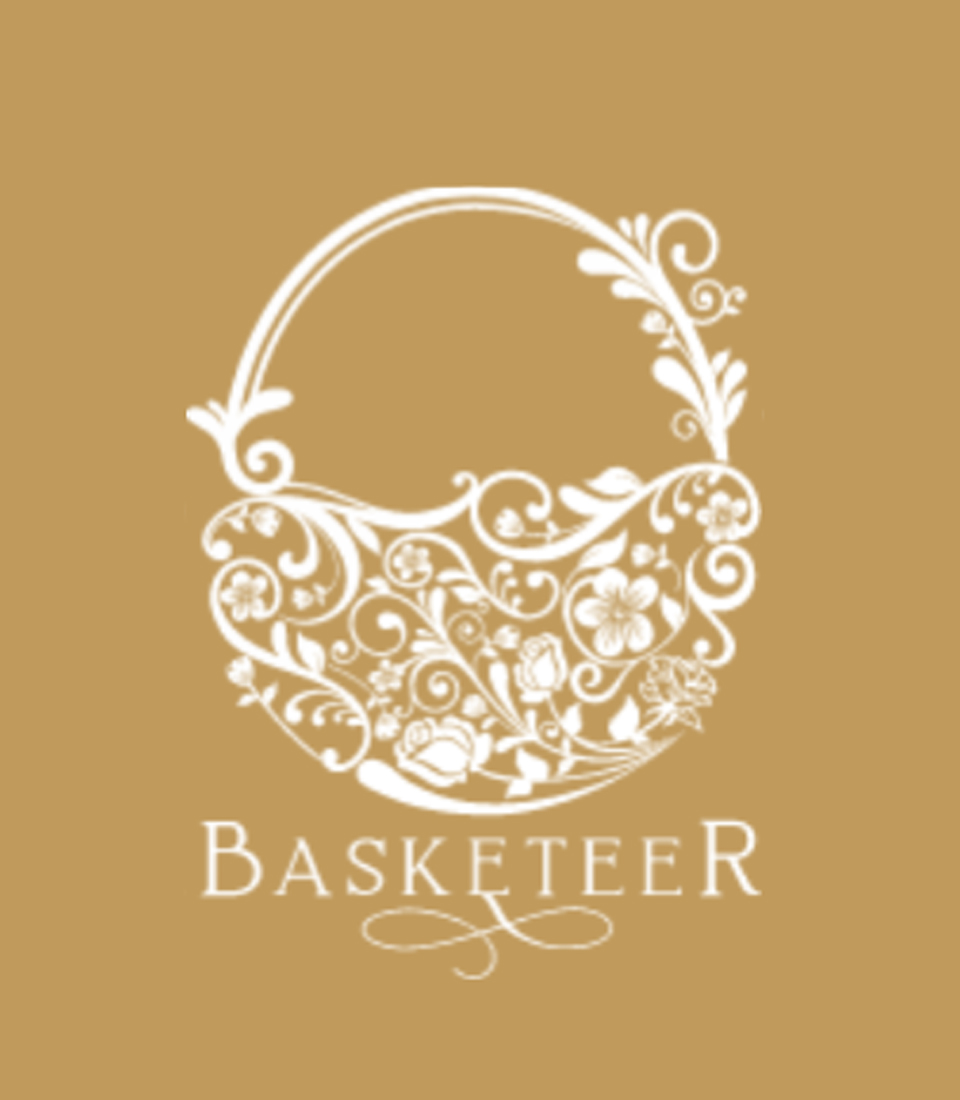 Ornate white floral basket illustration on a tan background, with the word 