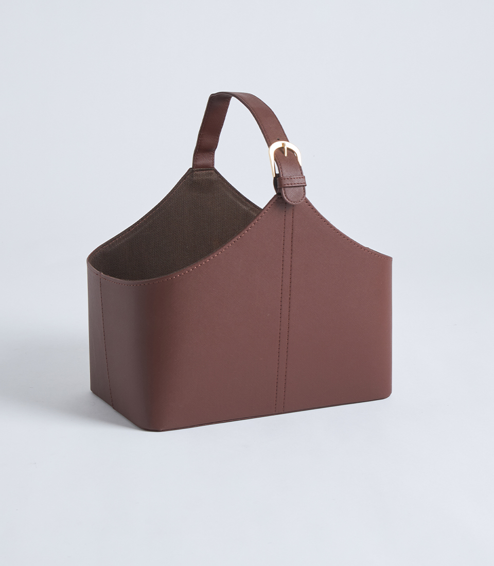 Brown leather gift basket with handle BK-478-S