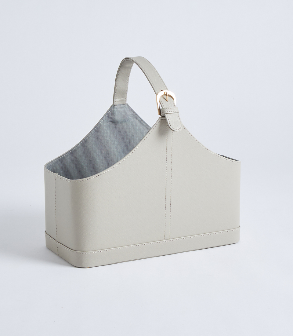 Ivory leather gift basket with handle BK-481