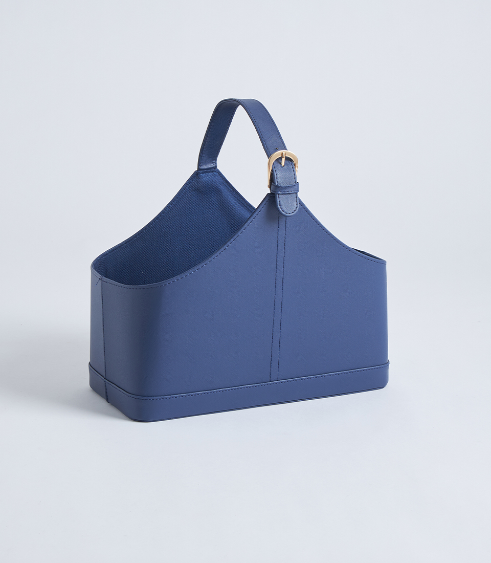 Navy leather gift basket with handle BK-482