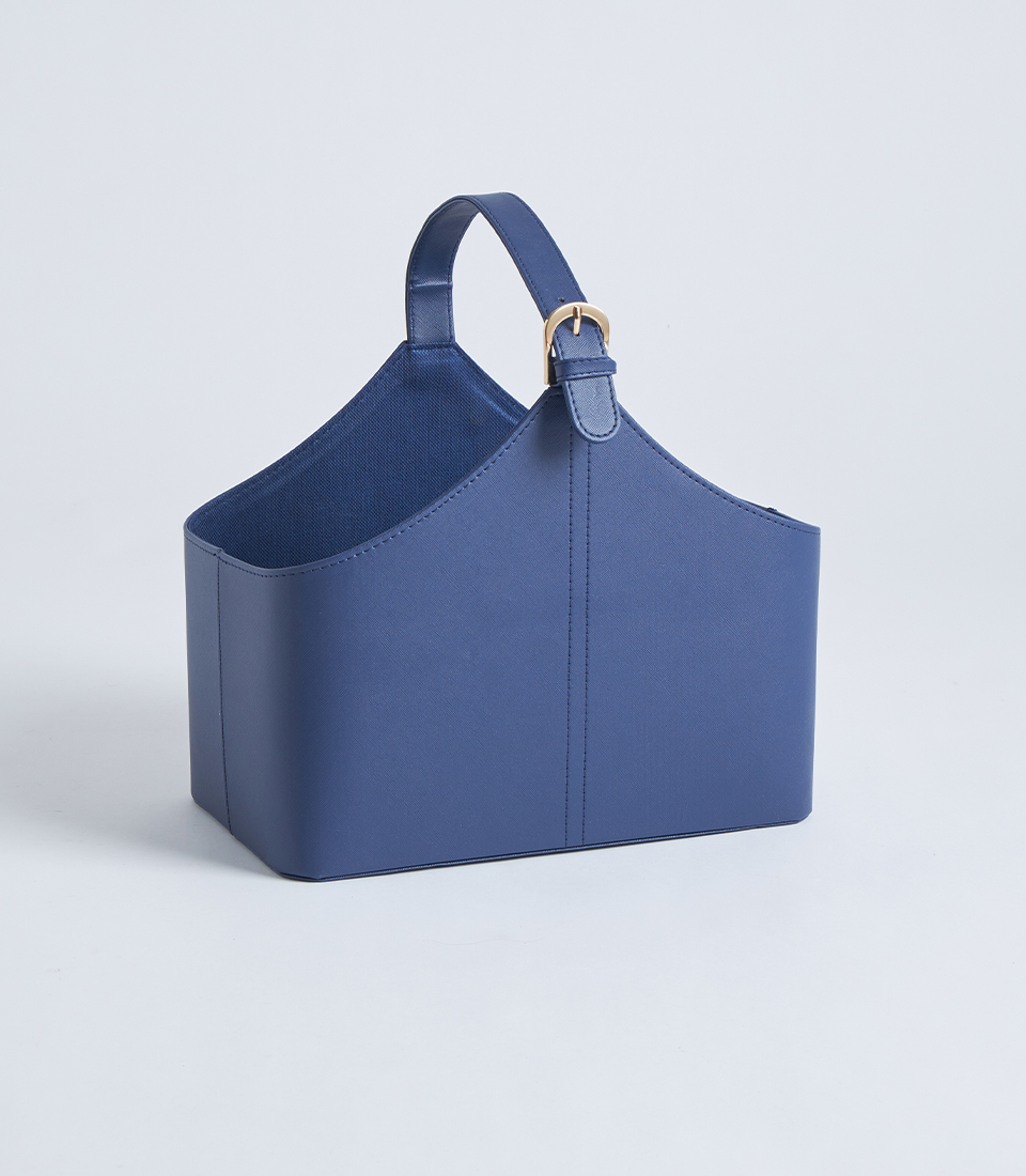 Navy leather gift basket with handle BK-486-S