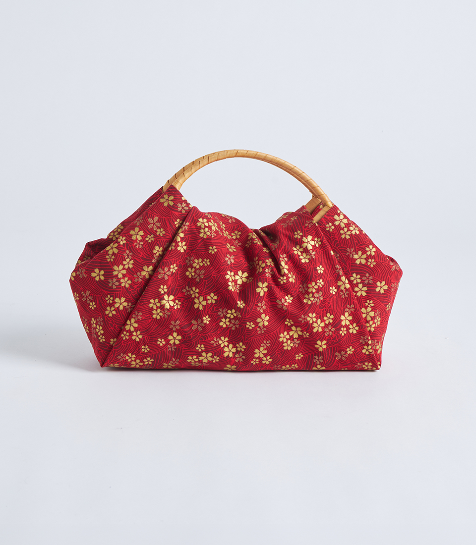 Red floral fabric gift basket with wooden handle BK-544