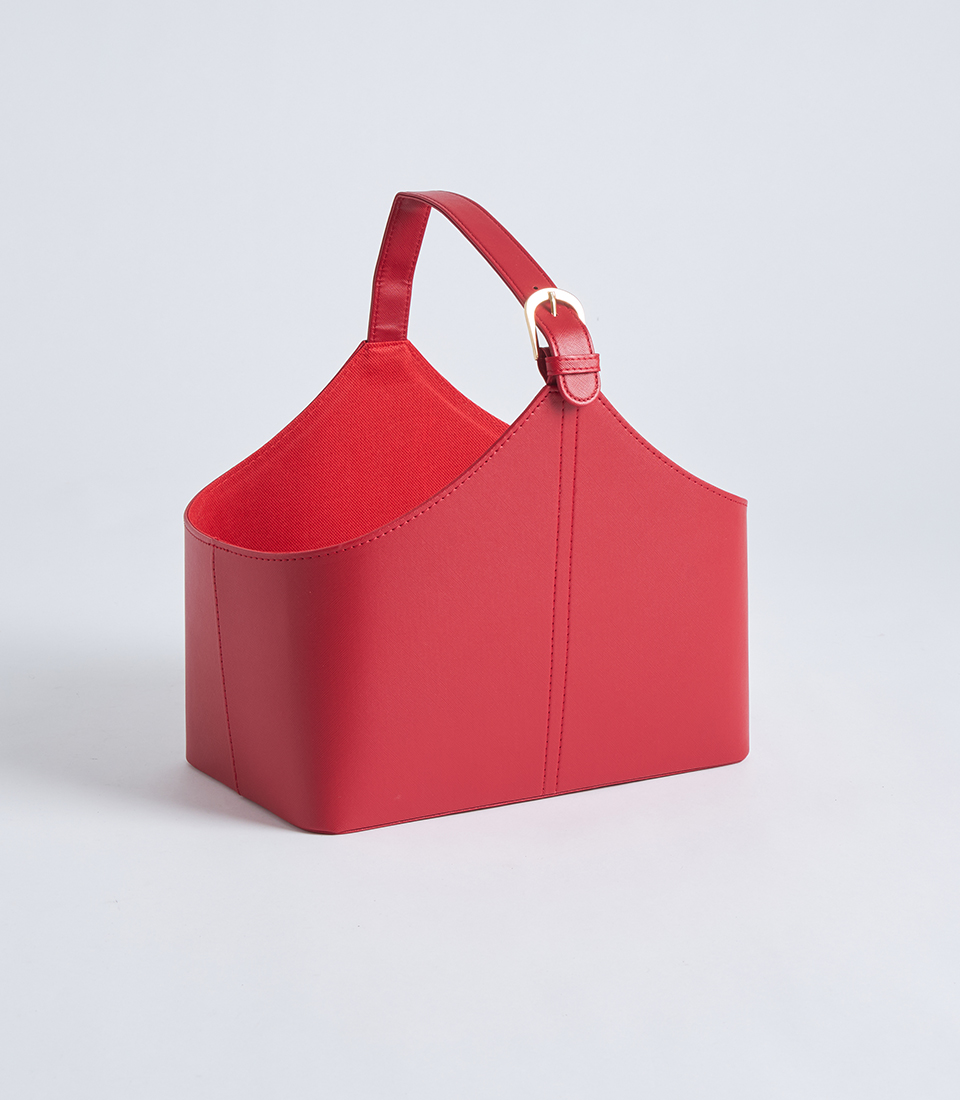 Red leather gift basket with handle BK-487-S