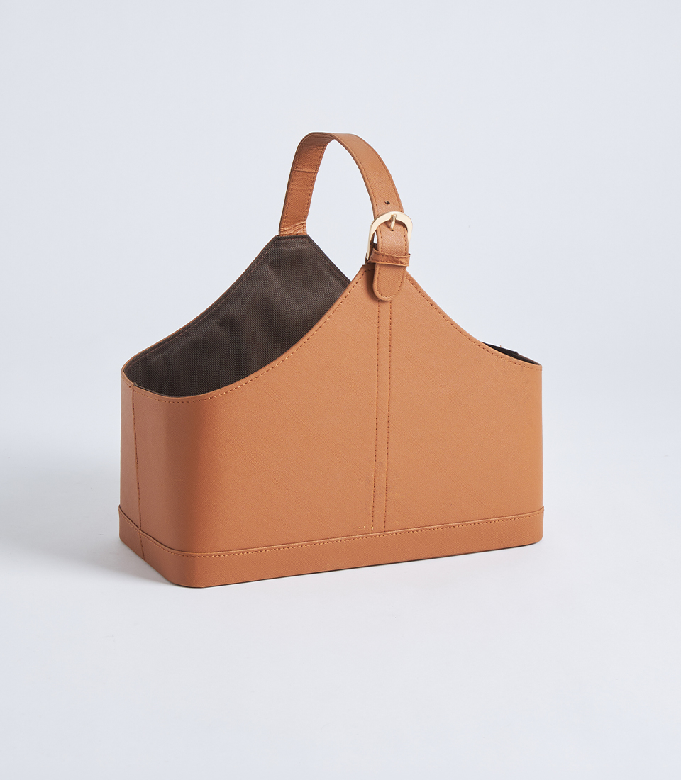 Tan leather gift basket with handle BK-485