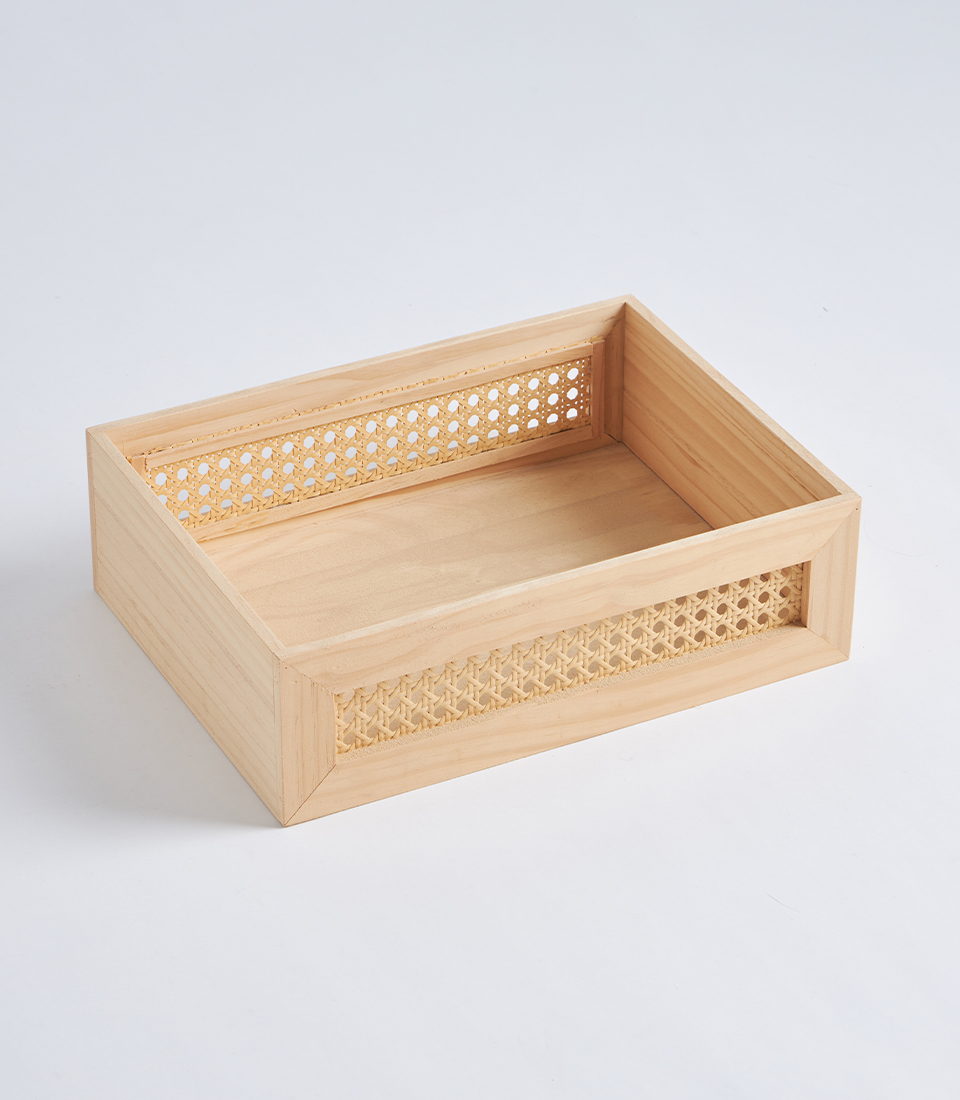 wooden tray basket with rattan detail WB025